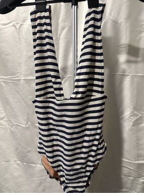 J. Crew Navy and White Striped Swimsuit with Nude Lining